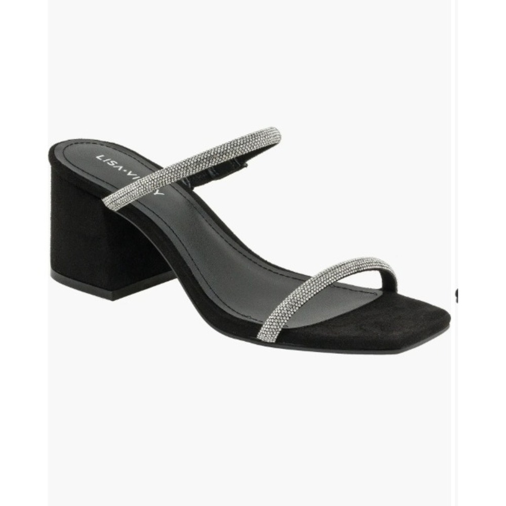 Lisa Vicky Mood Pavé‎ Square Toe Slide Sandal Black Rhinestone Strap Sz 7M